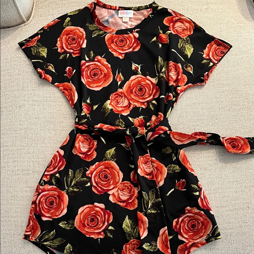LuLaRoe Black Top with Pink Rose and Green Leaf Print